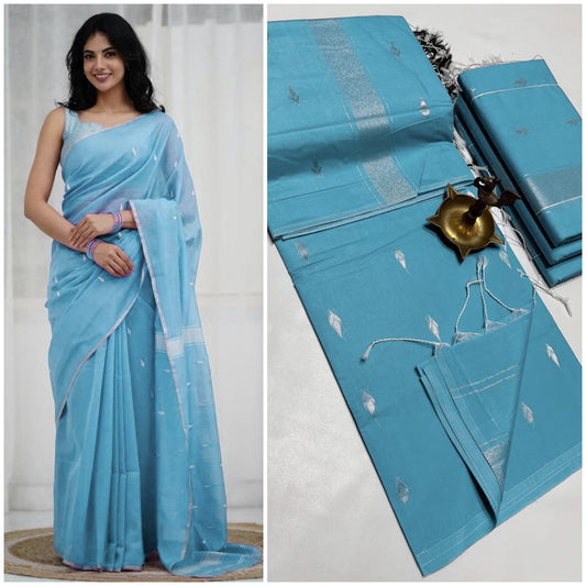 Sky Blue Silk Cotton Saree | Silver Woven Feather Motifs | With Blouse Piece